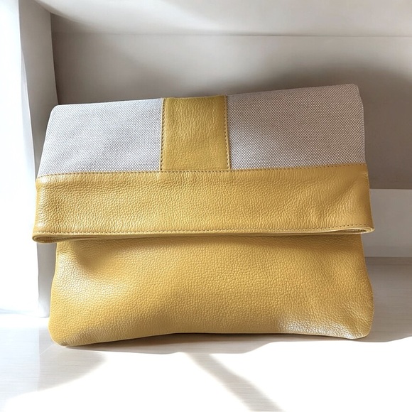 MODUS RIO Yellow Leather & Refined Linen Shoulder Bag /Oversized Clutch Neutral - Picture 6 of 16